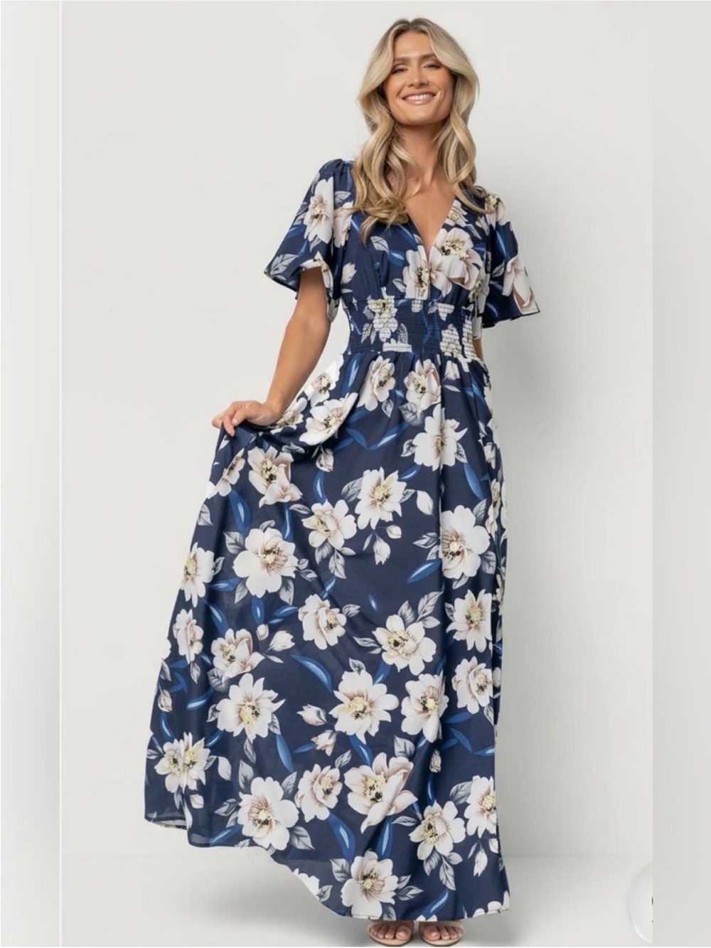 Baltic Born Verona Smocked Maxi Dress Blue Floral Large